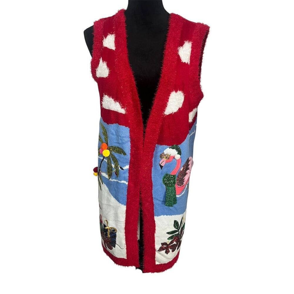 NWT UGLY CHRISTMAS SWEATER VEST‎ FESTIVE SEQUINS FLAMINGO SWEATER WOMENS SIZE M